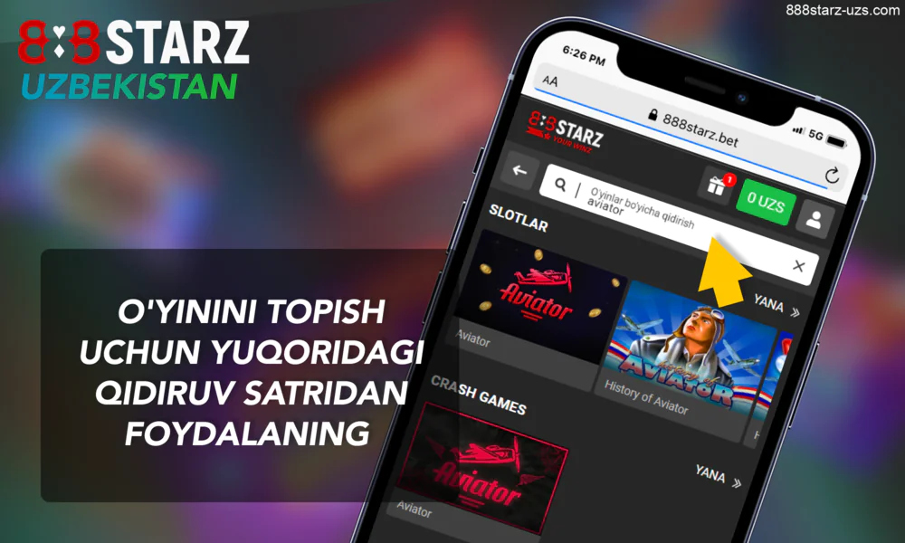 Oʻzbekistonda 888Starz - qidiruv paneli. Aviator oʻyinini toping