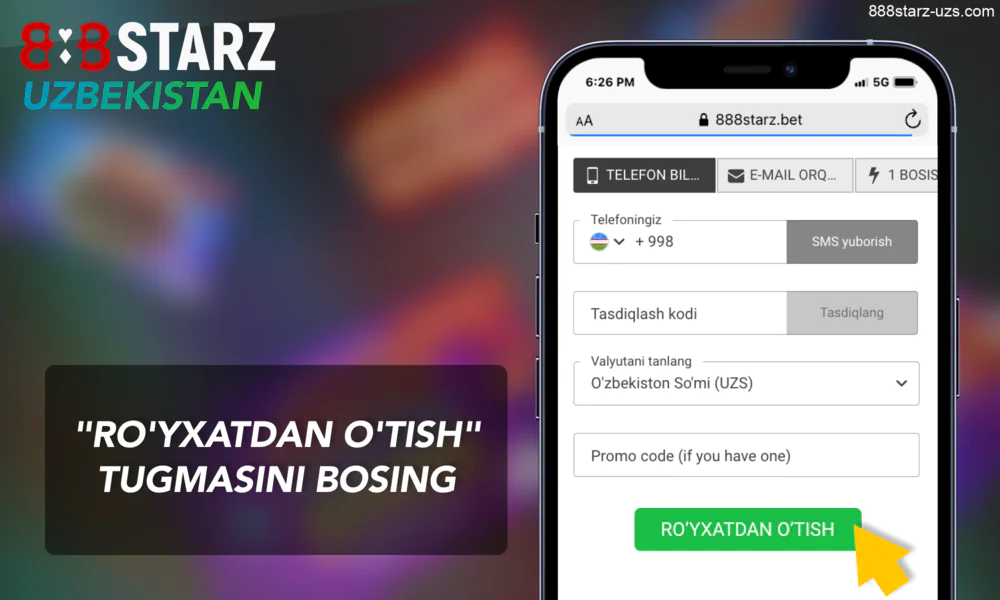 888Starz Oʻzbeklar uchun - "Roʻyxatdan oʻtish" tugmasini bosing