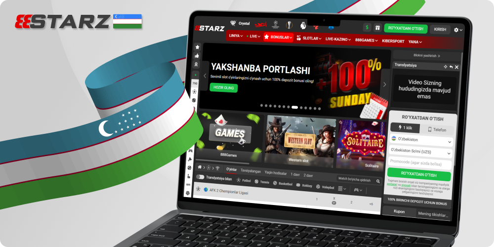O'zbekistonda 888starz bilan kazino o'yinlarini o'ynang va sportga pul tiking